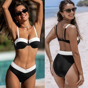 Cupshie NWT Black and White Colorblock Adjustable Underwire Bikini Top, size XL